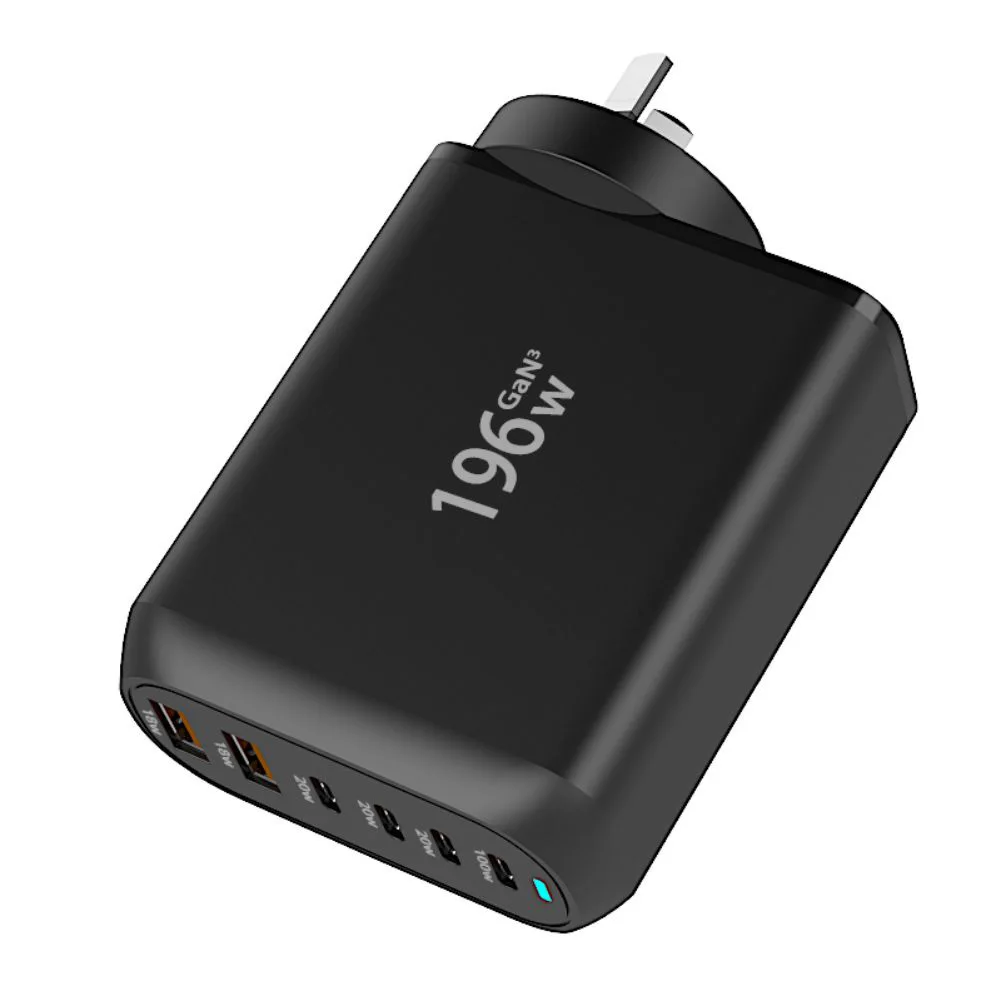 Зарядное устройство GaN 196 Вт, 4 порта PD Type-C и 2 порта USB, 6 портов