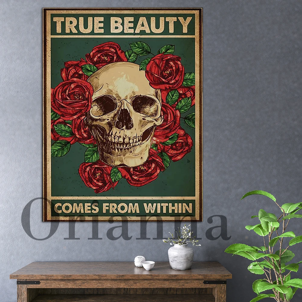 

True Beauty Comes From Within Skull Flower Art Inspiration Quote Print Poster Nordic Modern Home Living Room Decor Painting Gift