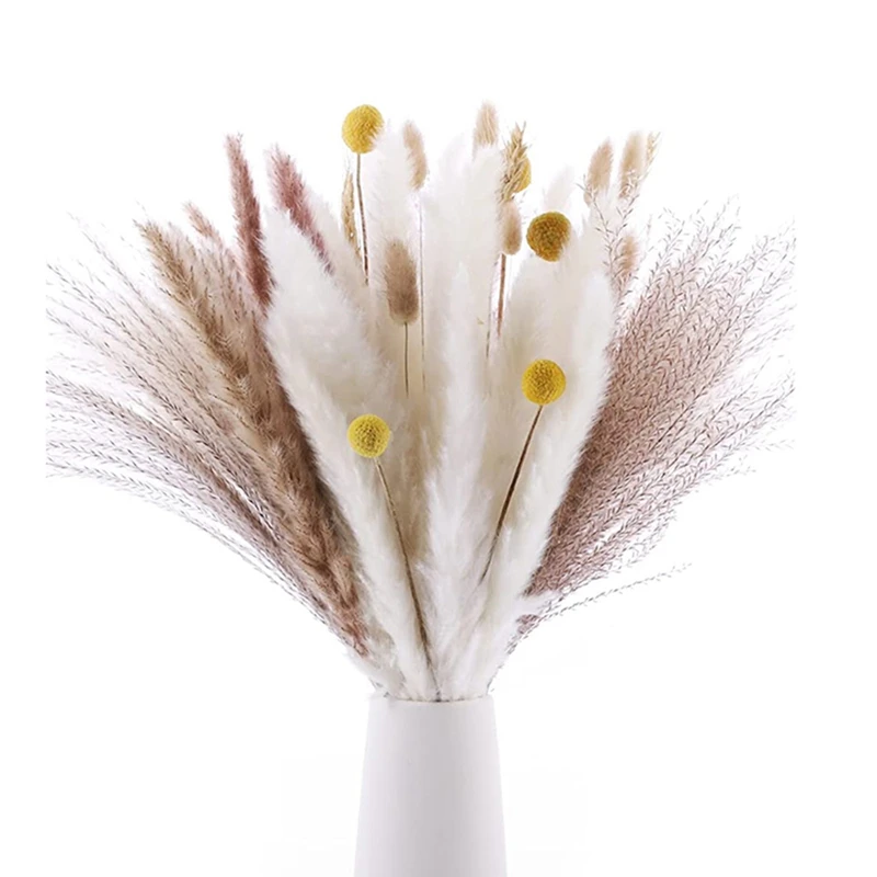 

65Pcs Pampas Grass Decor, Natural Dried Flowers Bouquet Pampas Grass Boho Decor With 5 Different Bunny Tails, Bulrushes