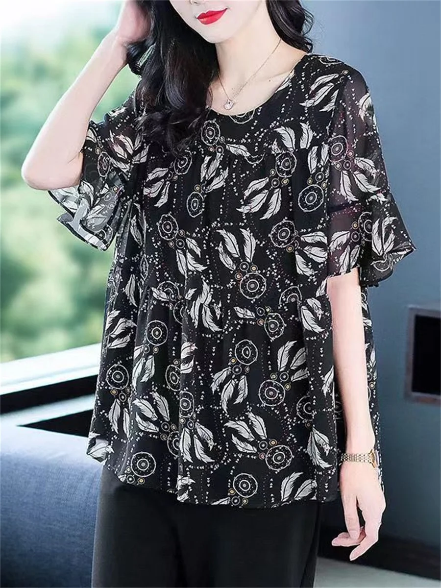 

6XL Women Spring Summer Blouses Shirts Lady Fashion Casual Short Sleeve O-Neck Collar Flower Printing Blusas Tops TT2413