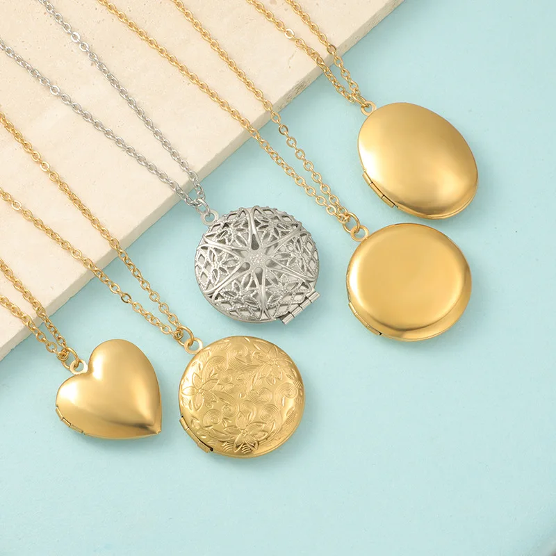 Mirror Polish Stainless Steel Necklace Heart Round Oval Photo Frame Memory Locket Pendant Necklace Jewelry Accessory 45cm