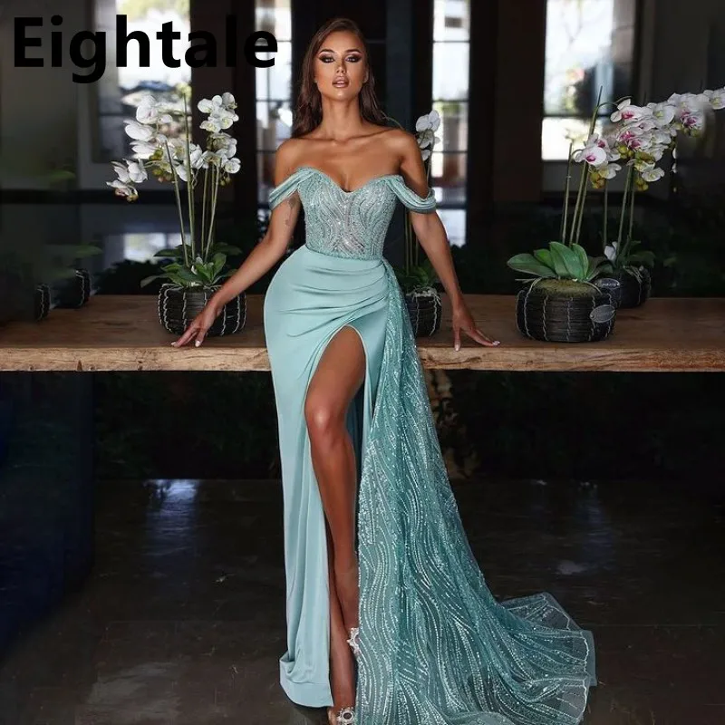 

MInt Green Mermaid Shinning Evening Dresses For Wedding Party Long Luxury 2022 Sexy Slit Formal Prom Dress Dubai Party Gown