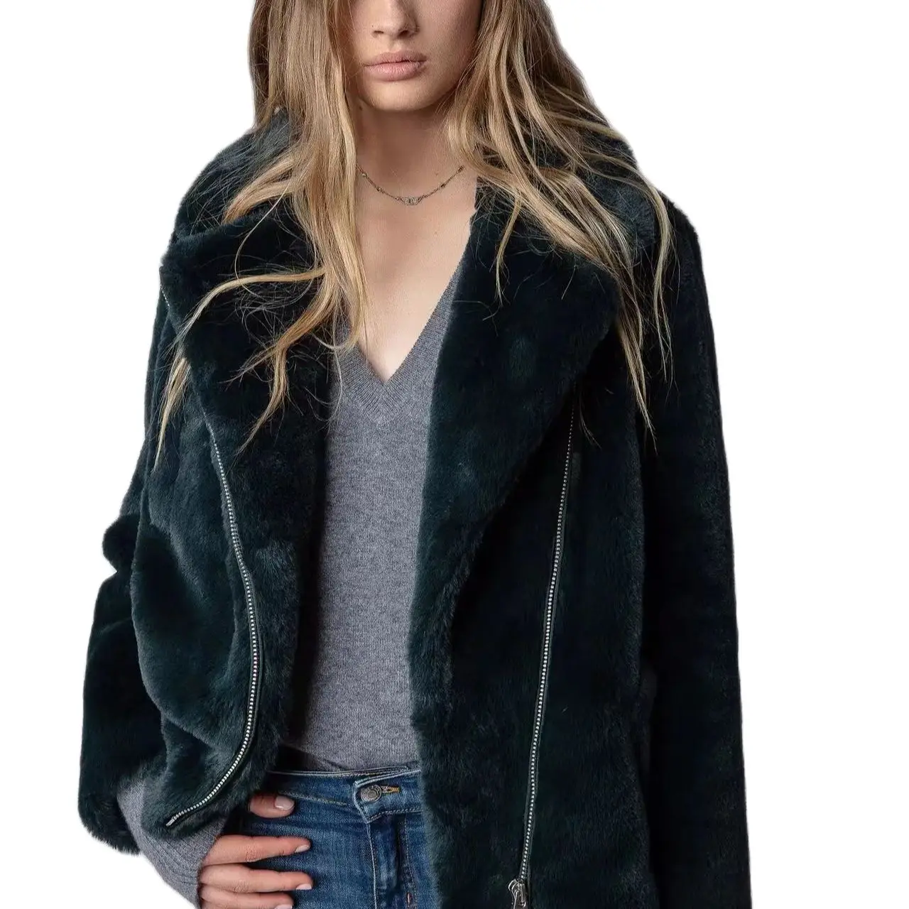 

Zv autumn and winter new green fur collar style commuter coat
