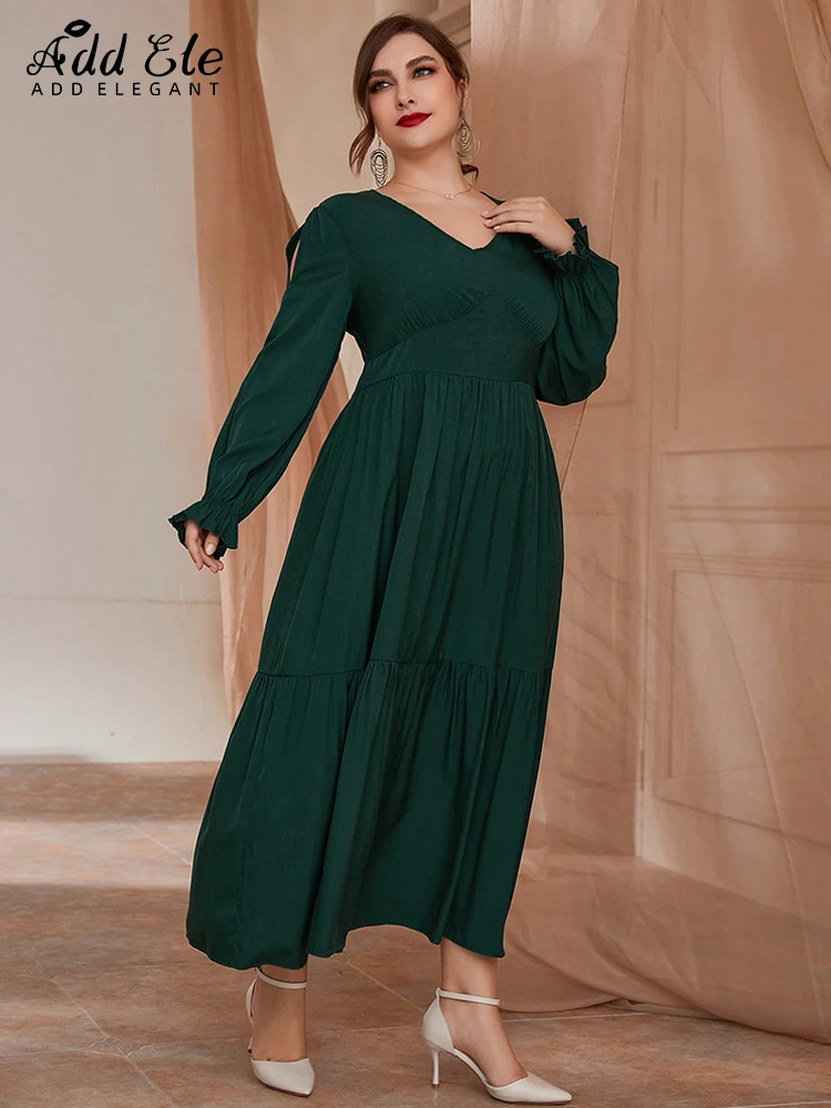 Add Elegant Plus Size A-Line Dress Women 2022 Autumn V-Neck Lantern Sleeve Elastic Knitted High Waist Design Loose Clothing B638