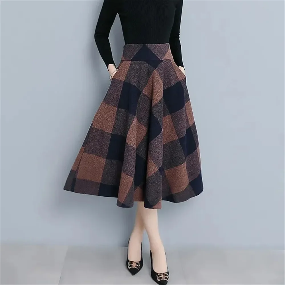 

Осенне-зимняя шерстяная Женская миди-юбка 4xl, женская элегантная клетчатая юбка-трапеция в стиле ретро с высокой талией, плиссированная юбка, Saias R61