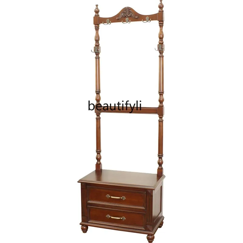 

yj American Solid Wood Coat and Hat Rack Hallway Shoe Rack Hanger Bedroom Multi-Functional Shoe Changing Stool