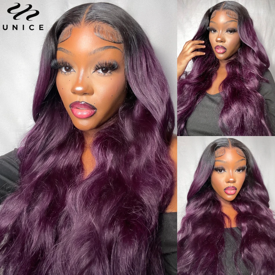 UNice Smokey Deep Purple Ombre 13x4 Lace Front Body Wave Wig 180% Density Human Hair Wig A Rich Purple Hair Look