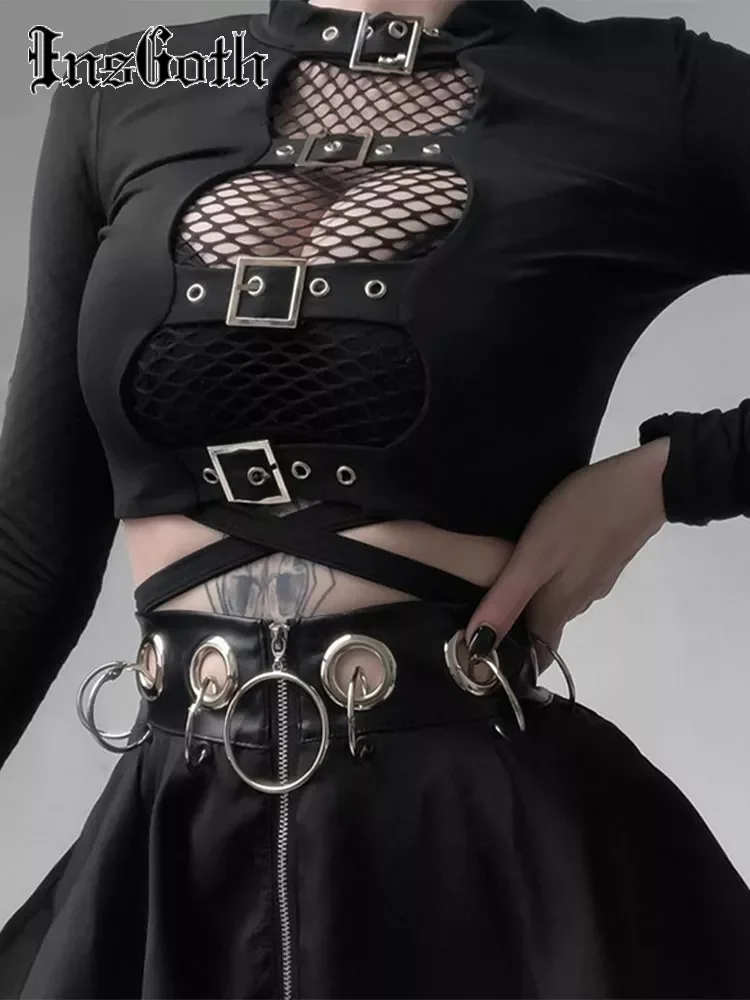 

InsGoth Sexy Women Crop Tops Hollow Out Buckle Long Sleeve Female Bodycon Tops Gothic Punk Black Tops Streetwear Party Lady Tee