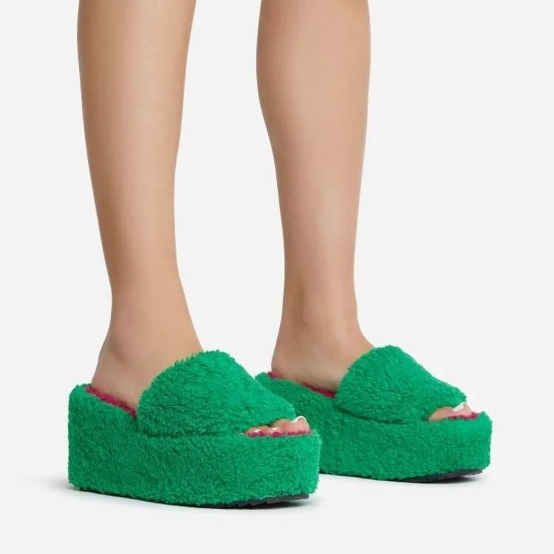 

2022 Ladies Slippers Winter New Plush Warm Cotton Slippers Open Toe Platform High Heels Outdoor Home Leisure Women's Slippers