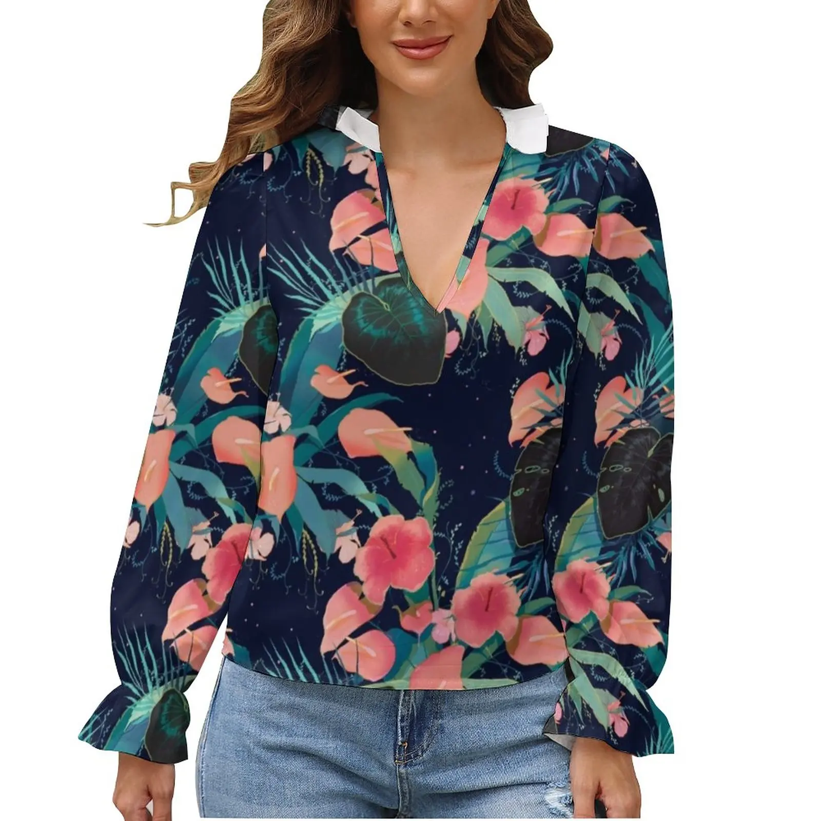 

Flower Blouse Leaf Ruffled Girl Retro V Neck Shirt Summer Plus Size Shirts