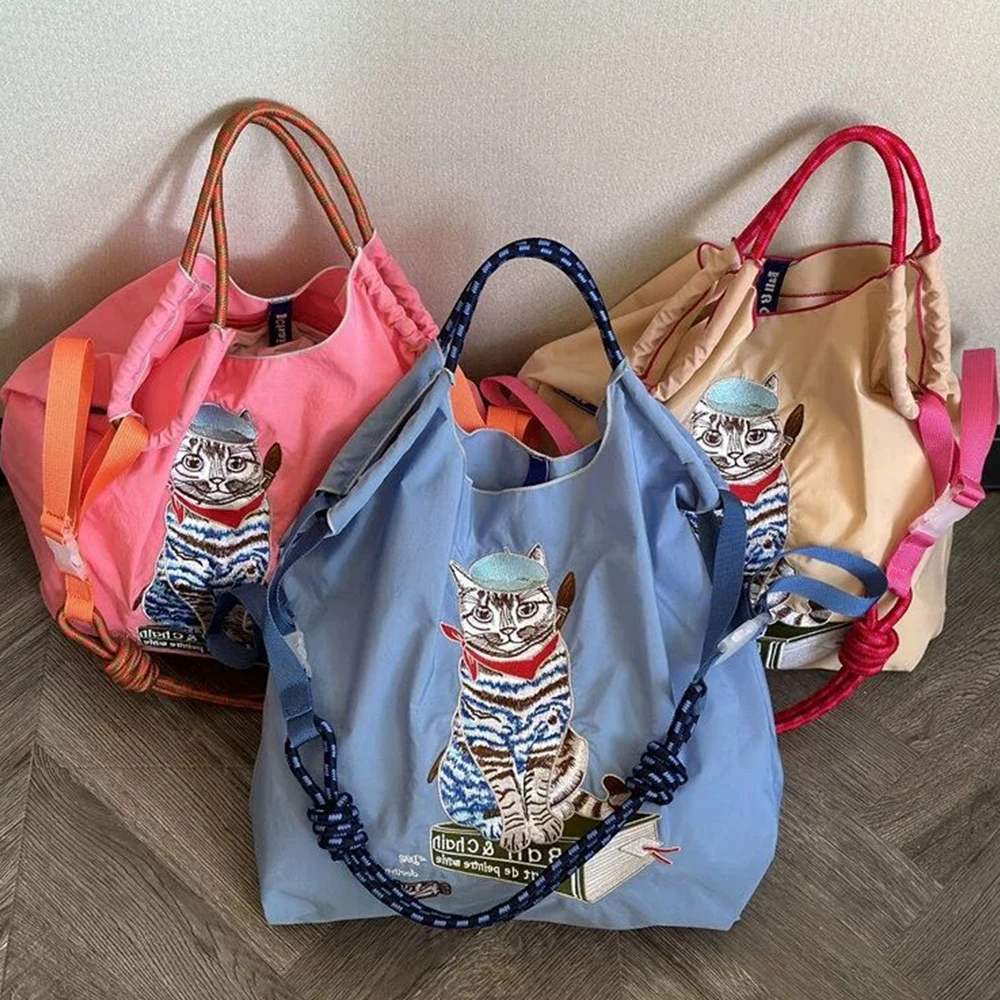 

Nylon Eco Bags for Women Handbags Designer Cat Embroidery Women Shoulder Bag Large Recycle Shopper Tote Ball Drawstring Bag Chic