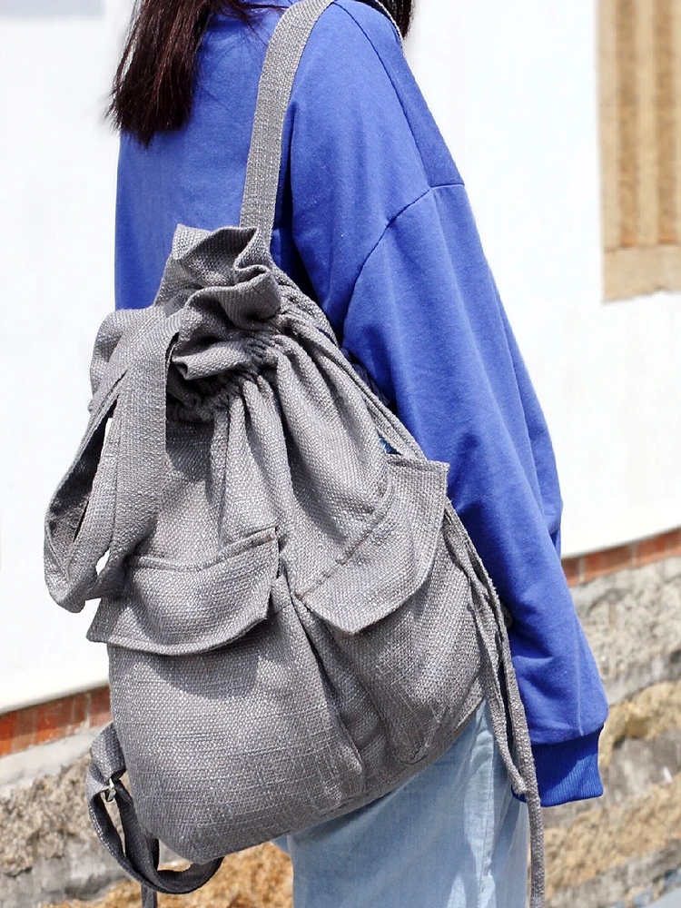 Original cotton linen light grey drawstring women backpack Solid color large capacity canvas casual travel bag