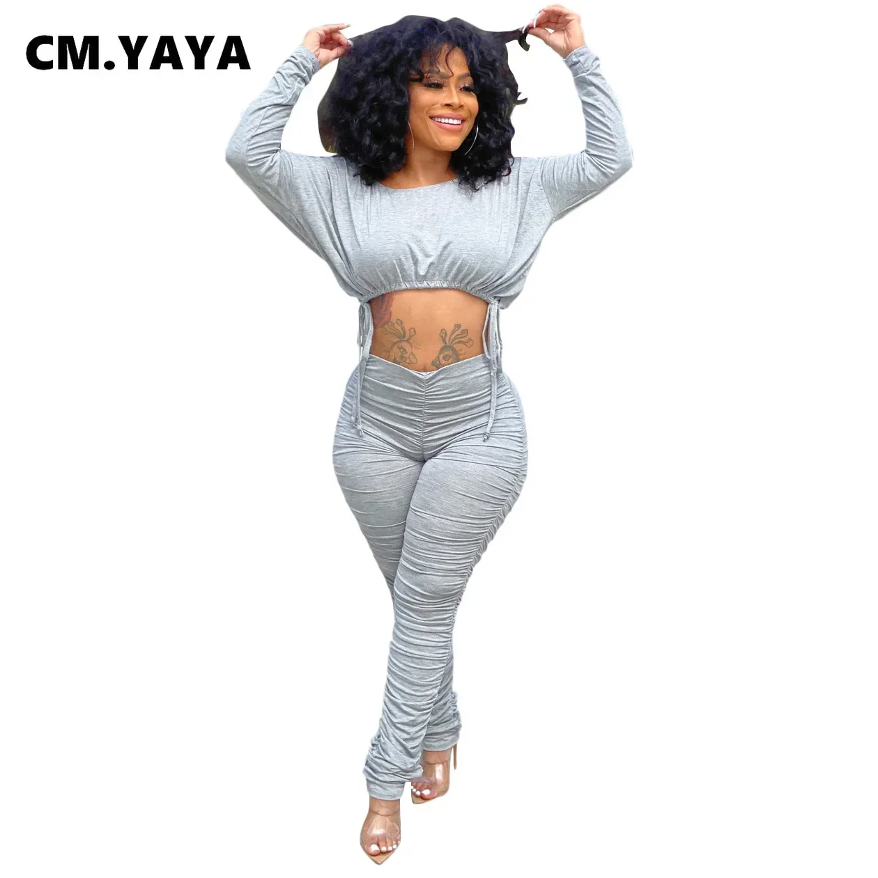 Уличная одежда CM.YAYA однотонный спортивный костюм в складку Женский комплект с