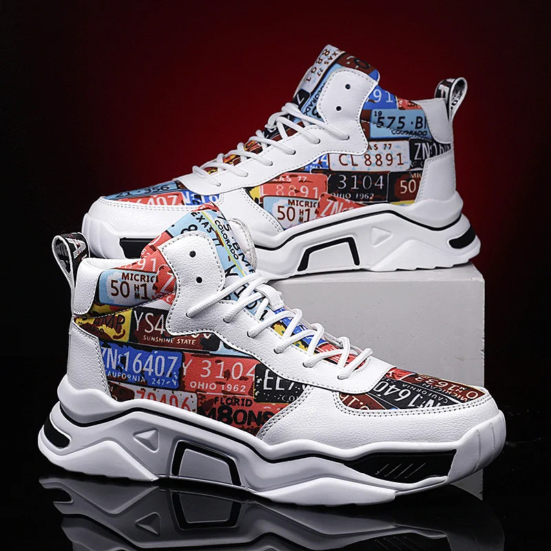 

WEH Men Sneakers High Top Shoes Spring and Autumn Platform Breathle Graffiti Canvas And Pu Man Shoe Tenis Masculino Zapatillas