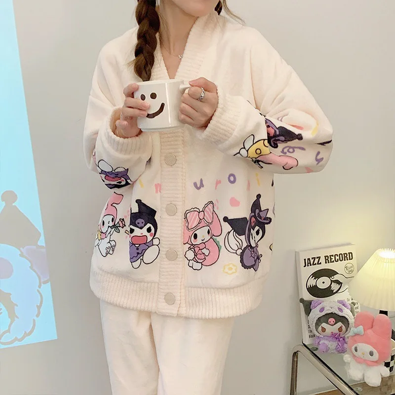 Women's Sweet Winter Flannel Warm V-Neck Cardigan Home Suit Cartoon Sleepwear Coral Fleece Thicken Tops Pants Soft Pajamas Sets