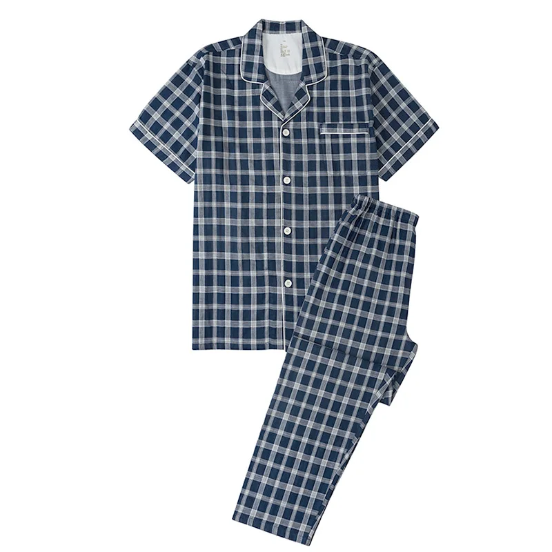 Pajamas Couples Plaid Cotton Seamless Nightwear Japanese Style Home Suit Casual and Breathable Sleepwear with Turn-over Collar