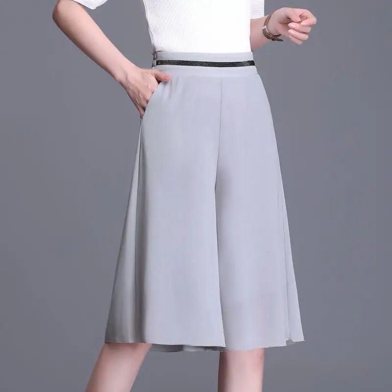 Elastic High Waist Slim Elegant Chiffon Capris Female Shorts Skirts Women Summer Wide Leg Medium Long Leisure Loose Trousers W41
