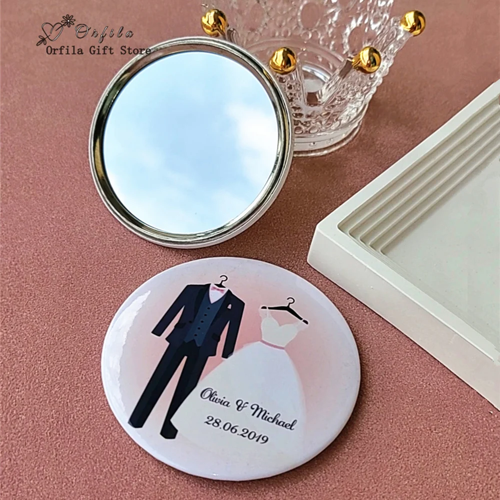 Custom Pocket Mirror Personalized Wedding Favor Button Badge Makeup Mirror Baby Shower Party Favor Christening Baptism Gift 70mm