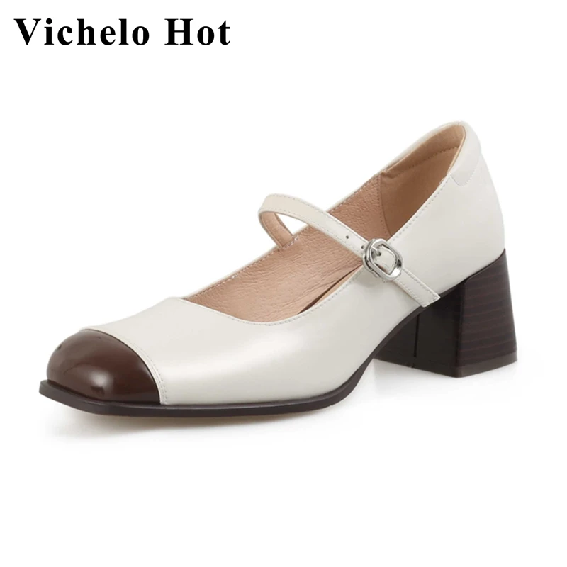 Vichelo Hot limited customization cow split leather round toe high heels mixed colors British style buckle strap women pumps L27