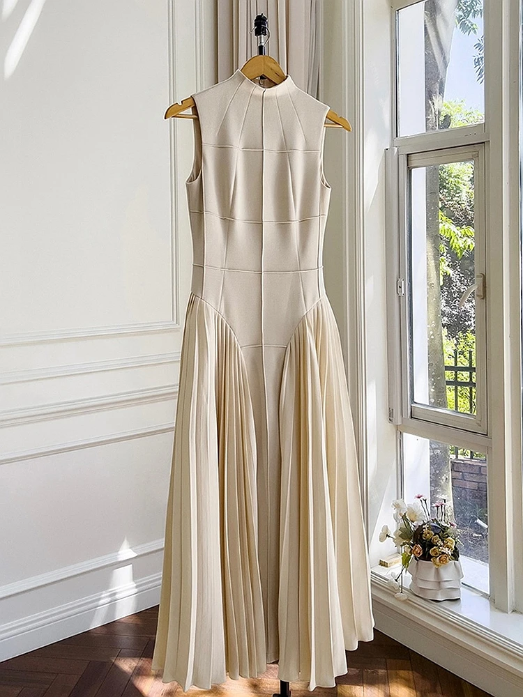 

Женское плиссированное платье без рукавов SuperAen, летнее облегающее платье с круглым вырезом, однотонное повседневное вечерние, Элегантное Длинное Платье