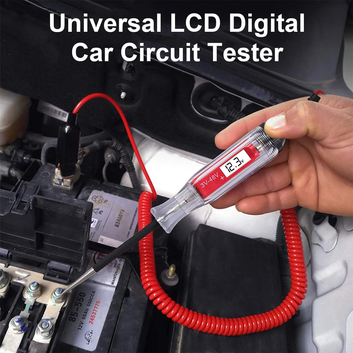 

New Electric Circuit Tester 5-48V Digital LCD Voltage Tester with 140 Inch Extended Spring Wire Car Truck Vehicles Low Voltage