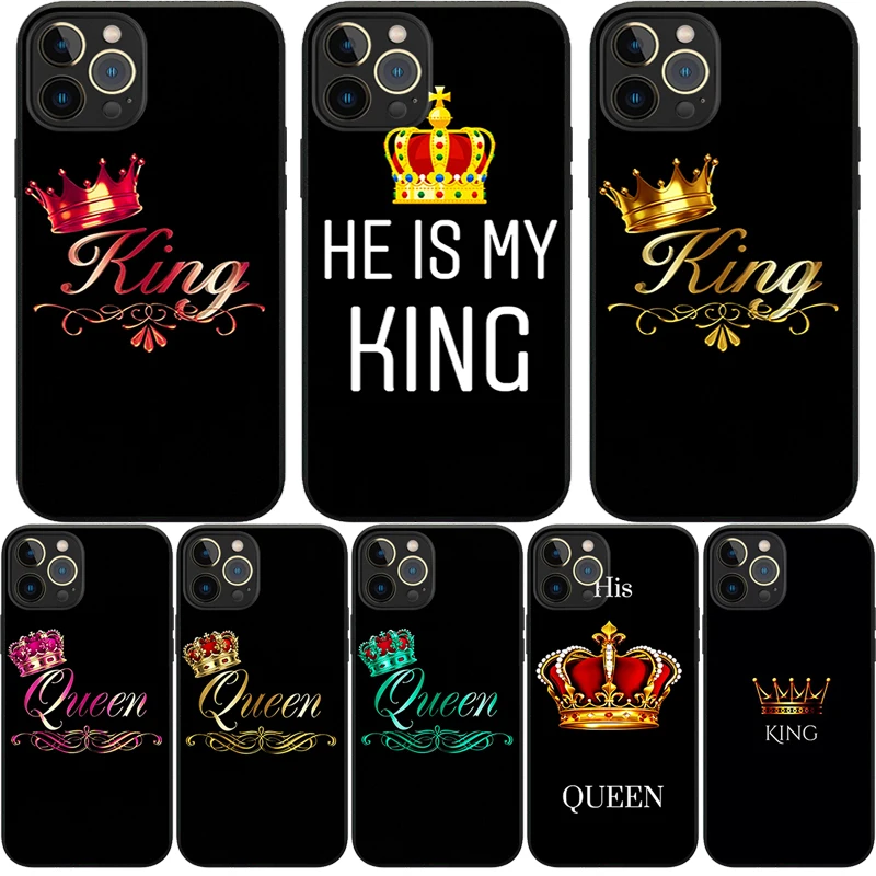 

King Queen Crown Couple Phone Case for Redmi Note 3 5 6 7 8 9 10 11 ProMax K40 K30 K20 9T 8T Soft Silicone Lens Protect Cover