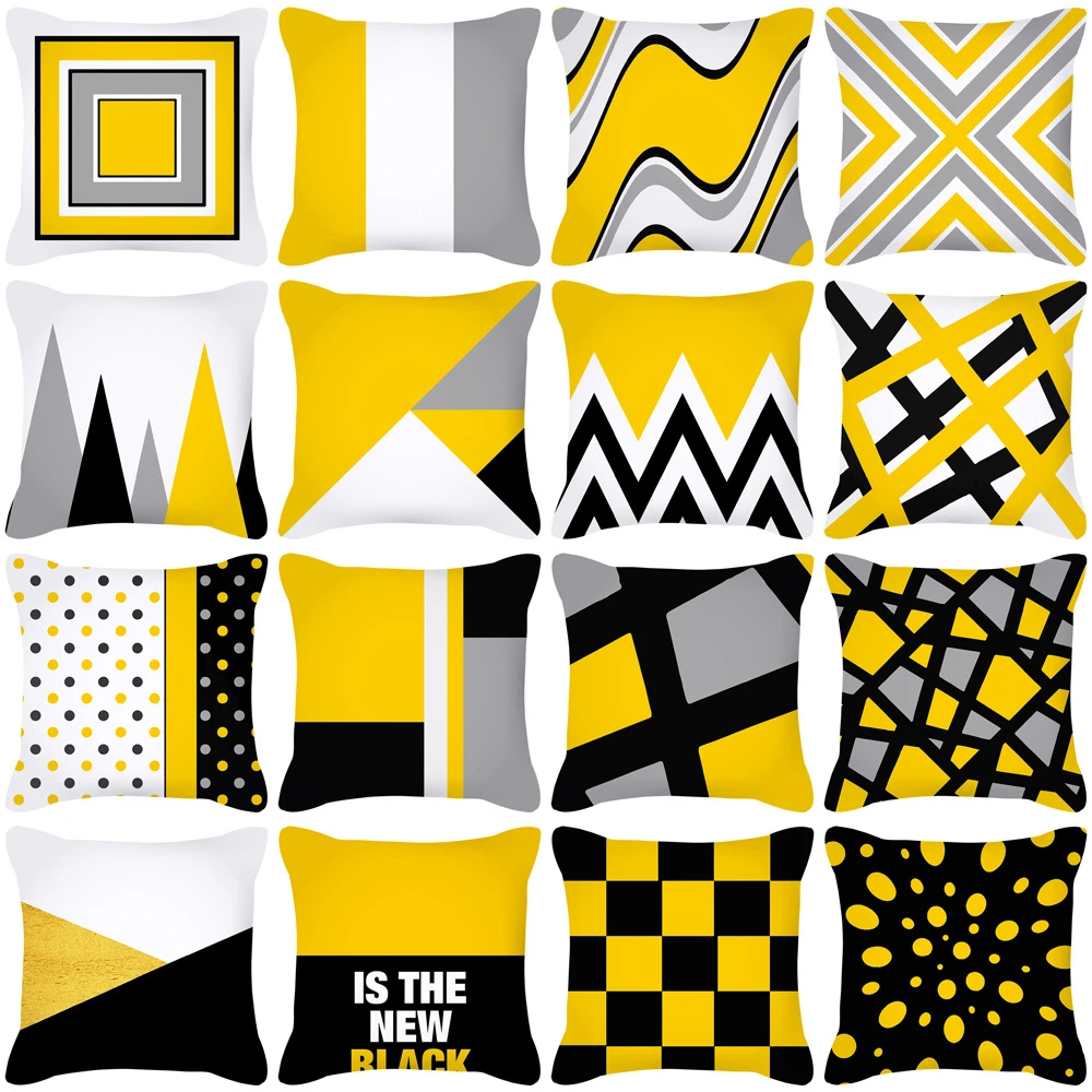 

Yellow Geometric Pillow Cover 45X45cm Nordic Style Home Sofa Cushion Cover Black Grey Striped Plaid Decorative Throw Pillowcase