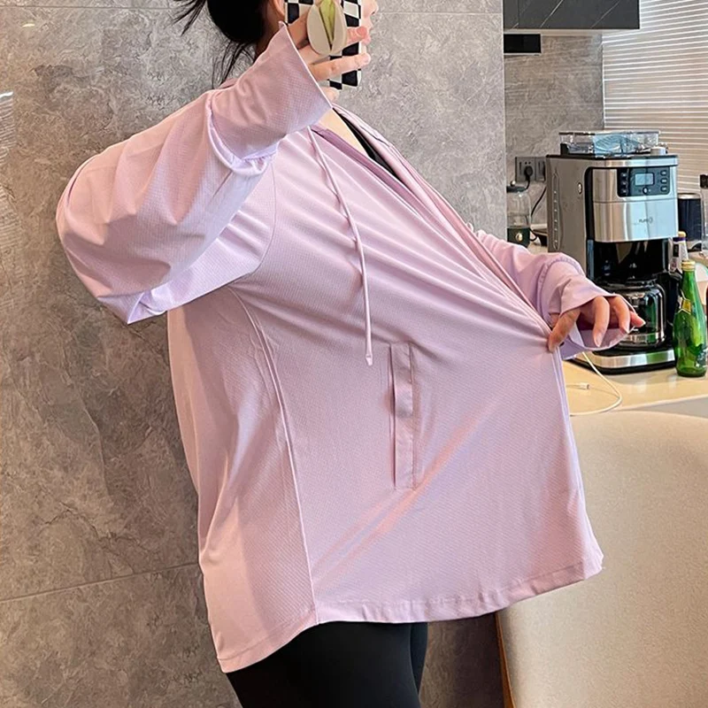 

Rimocy Loose Sun Protection Jacket Women Hoodie Ice Silk Sunscreen Coat Woman Outdoor Breathable Quick Dry Running Coats Female