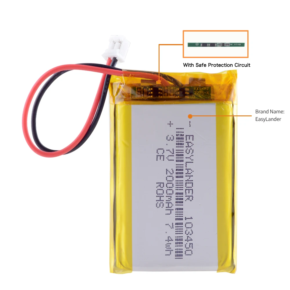 3 7v 2000mah 103450 xh2 54 2p 2 0 2p battery li polymer batteries for toy gps mp3 mp4 mp5 cell phone speaker driving dvr free global shipping