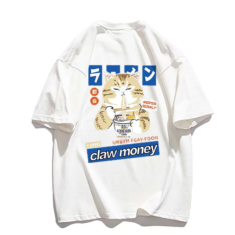 

Футболка мужская оверсайз с рисунком кошки, хлопок, короткий рукав, мультяшный рисунок в японском стиле, Повседневная летняя одежда
