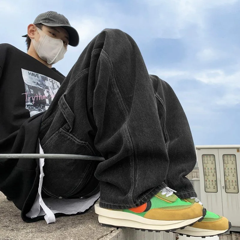 

QIWN High Street American Jeans Retro Washed Jeans Men's Loose Wide-leg Straight-leg Pants Spring and Autumn Casual Pants