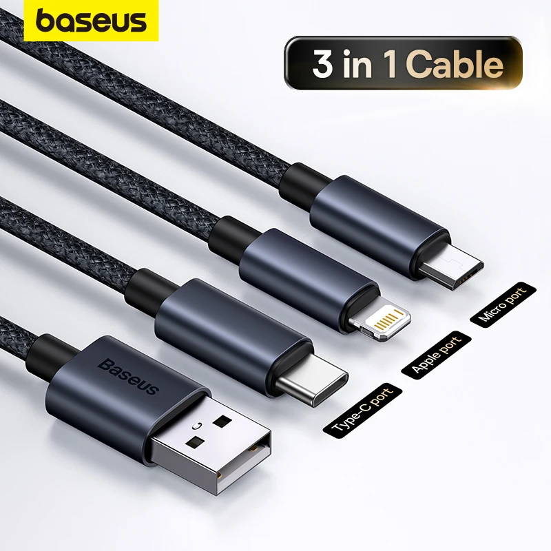 Baseus 3 in 1 USB Cable Type C Cable For Samsung Xiaomi Mi 9 Huawei Cable For iPhone 13 12 11 Phone Charger Micro USB Data Cable