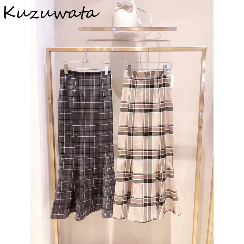 

High Waist Plaid Buttocks Side Split Mermaid Skirts Japan Style Temperament Elegant Jupe 2022 Autumn New Women Faldas
