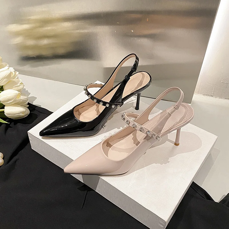 

Туфли женские на высоком каблуке, заостренный носок, лакированная кожа, сандалии с тонким каблуком, Цвет телесный