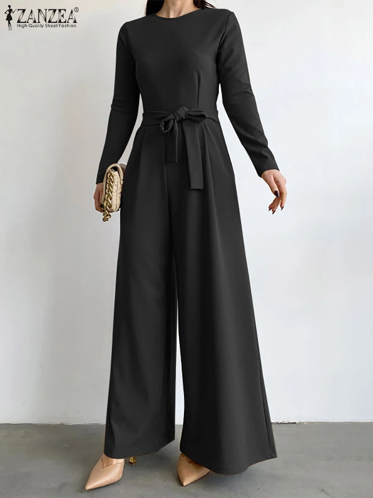 

Elegant Women Jumpsuits ZANZEA Fashion Long Sleeve O-neck Belted Long Rompers Casual Classy Ladies Party Wide Leg Pants Overalls