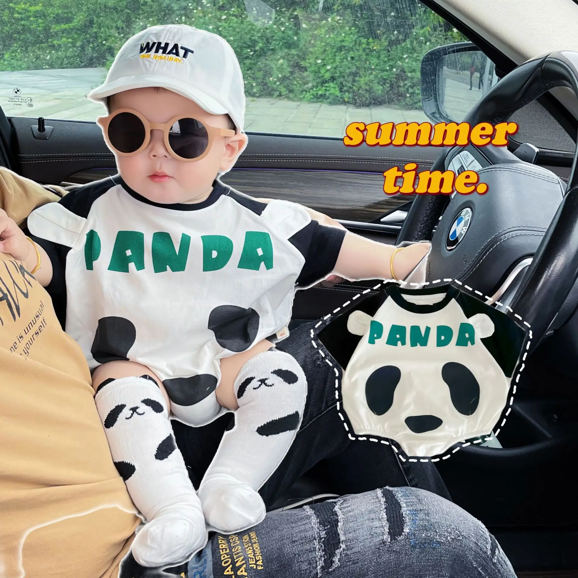 

New summer baby clothing cute red panda cotton climbing suit short sleeve triangle bag fart coat cartoon style Ha clothes
