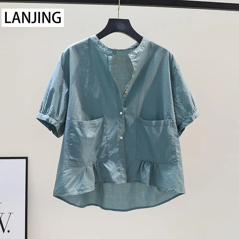 Design sense round neck double pocket cotton shirt women's short-sleeved shirt 2021 summer Korean loose top
