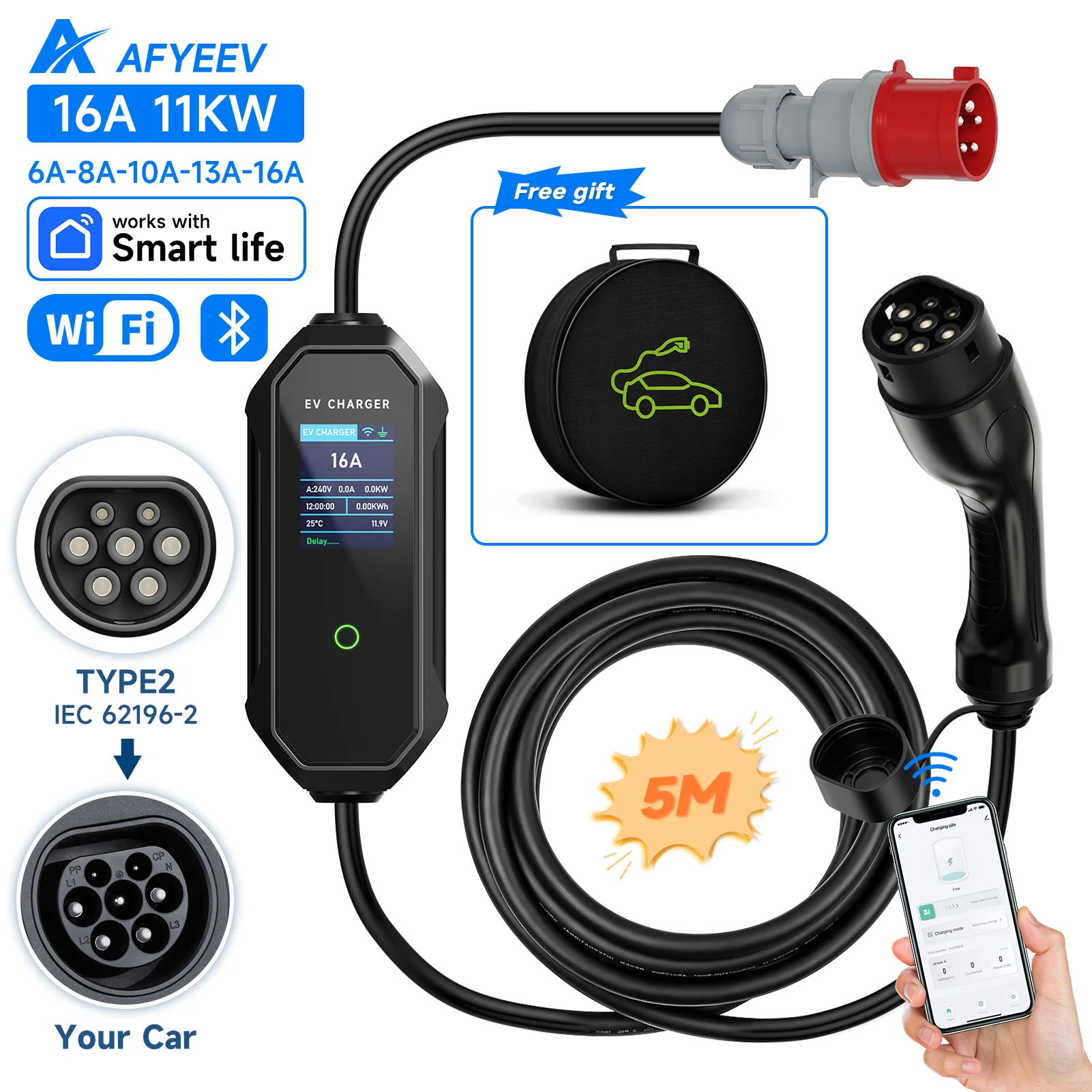 

AFYEEV Type2 Портативное зарядное устройство для электромобилей 11 кВт 16 А 3-фазное зарядное устройство для электромобиля GBT Wi-Fi Приложение Bluetooth Версия с дистанционным управлением Разъем CEE