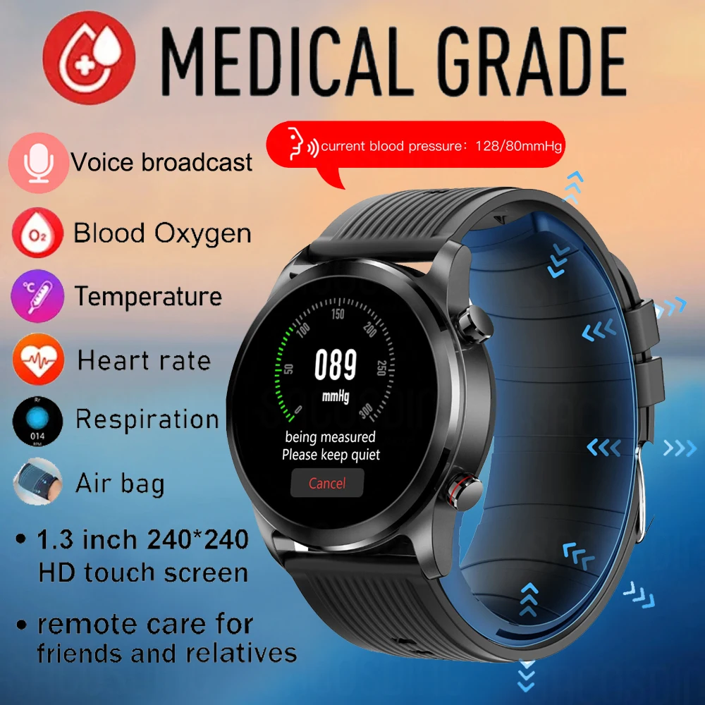 

Medical Grade Smart watch Air Pump Airbag Accurately Blood Pressure Voice Announcements Temperature Sphygmomanometer Heart Rate