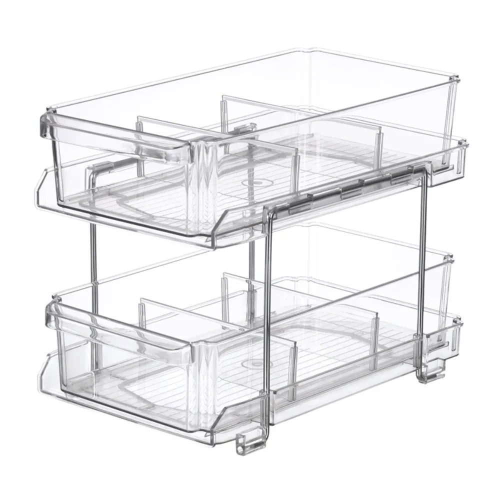 

Pull-out Home Organizer 2 Tier Clear with Dividers Multipurpose Counter Tray Bathroom Kitchen Closet Storage Container Bins