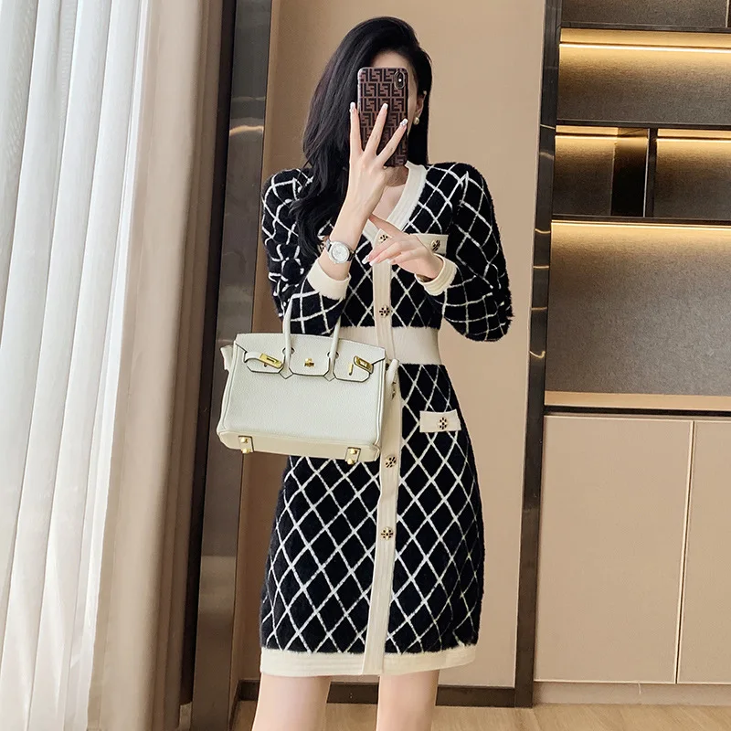 

High Quality 2023 Elegant Contrast Color Design Women Dress Female Evening Party Autumn Winter Crop Top Clothes Casual Y2k Robe