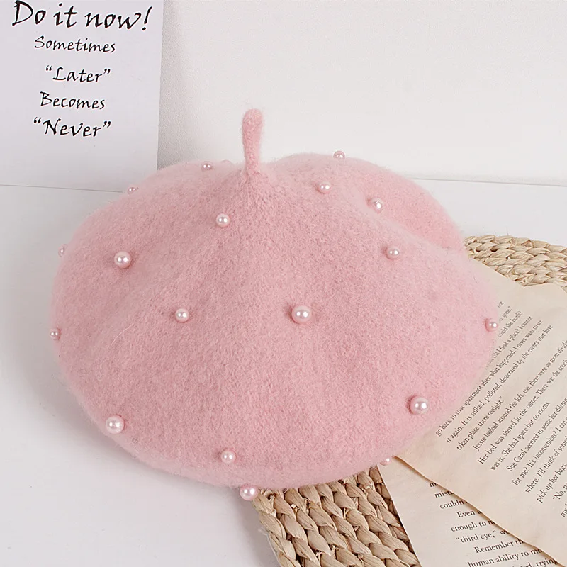 Bear Leader 2022 New Fashion Spring Autumn Vintage Pearl Hats Girls Elegant Berets Wool Solid Kids Caps Chidlren Cashmere Bonnet