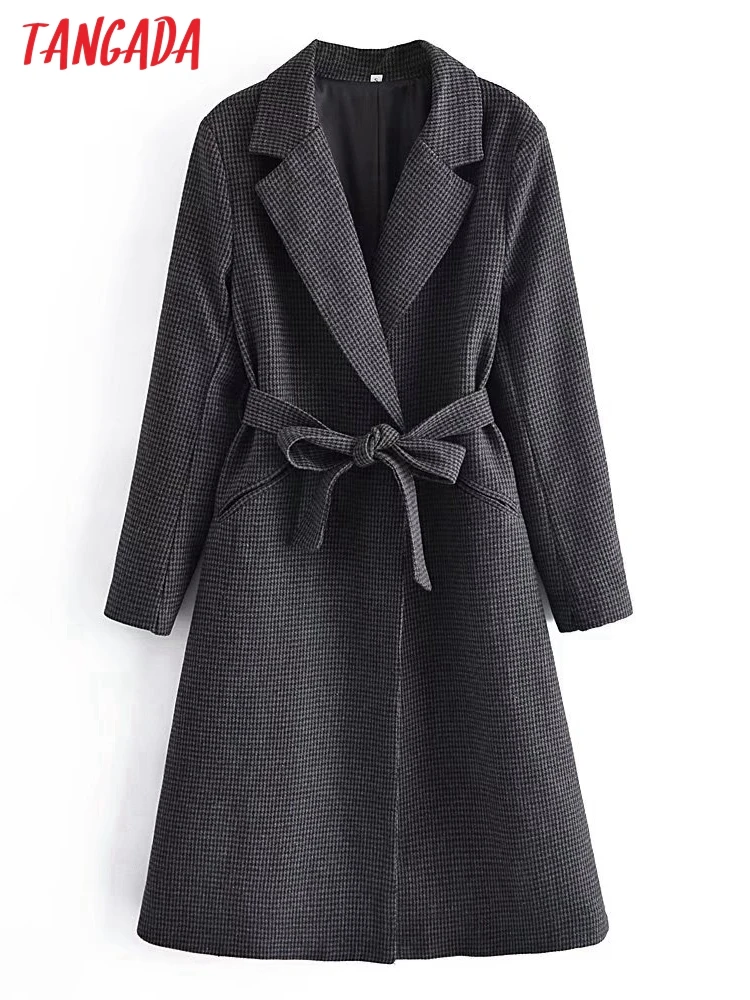 Tangada 2022 Winter Women Plaid Woolen Coat with Belt Warm Thick Elegant Long Sleeve Coat Female Overcoat 5D30