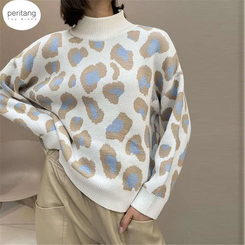 

Winter Women's Sweater 2023 Leopard Print Animal Basic White Turtleneck Oversize Jumper Vintage Warm Knitted Sweaters for Women