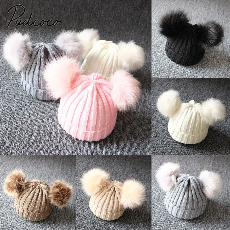 

2023 Brand New Newborn Baby Kids Girls Boys Winter Warm Knit Hat Furry Balls Pompom Solid Warm Cute Lovely Beanie Cap Gifts