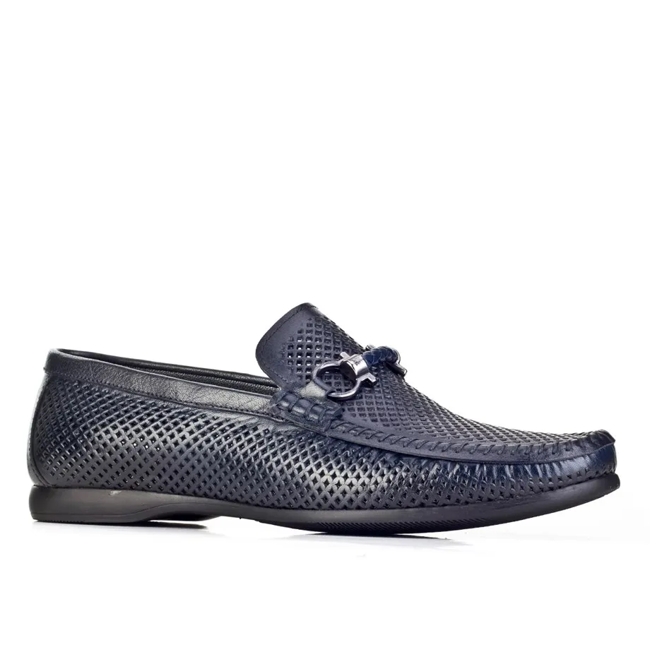 

Laser detailed buckle accessory genuine leather navy blue men's Loafer shoes