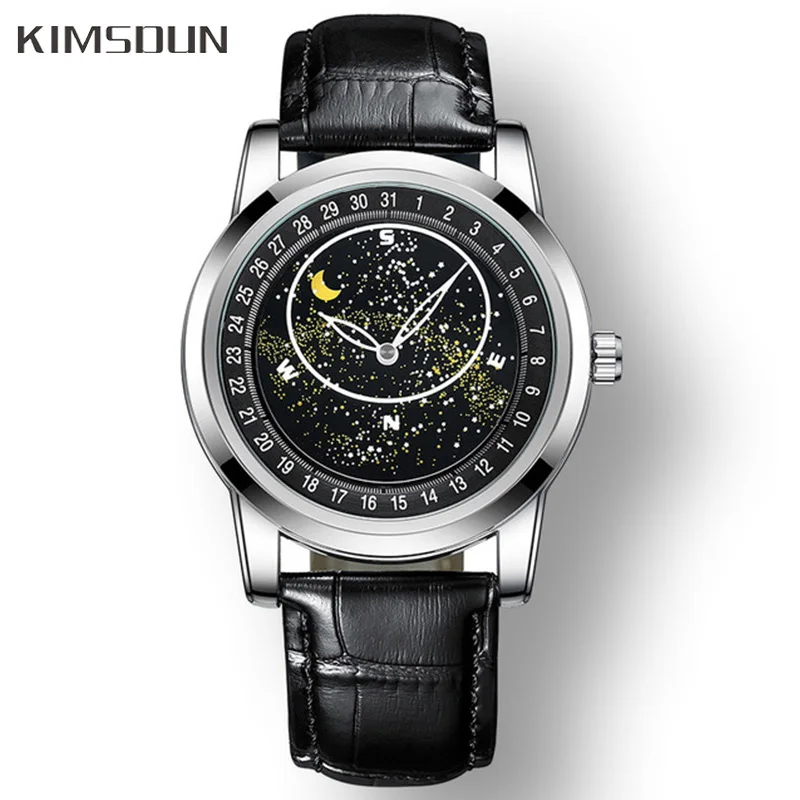 Unique Starry Sky Dial Automatic Watch For Men Leisure Business Leather Belt Mechanical Watches Classical Design Luminous Clock