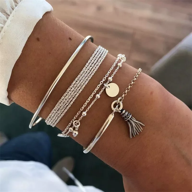 

Set Bohemian Silver Color Tassel Round Bracelet Set for Women Multilayer Pendant Bracelet 2020 Fashion Jewelry