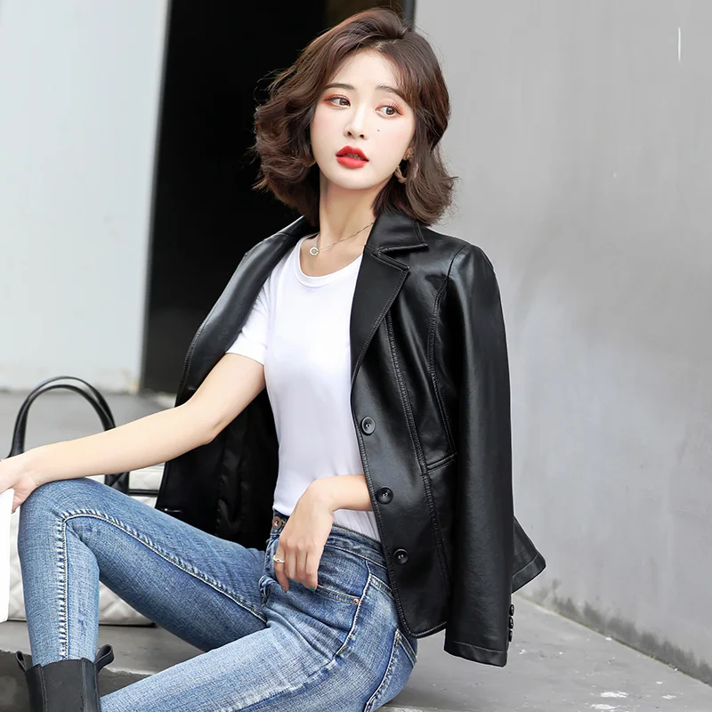 TOP QUALITY New Fashion Designer Leather Jacket Women Classic Single Breasted Slim Sheep Leather Blazer Outerwear Size M-5XL