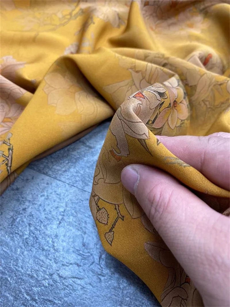 

New Yellow Bottom Jade Lotus Silk Stretch Heavy Crepe Fabric High-end Dress Shirt Cheongsam Pants Fabric african print dresses